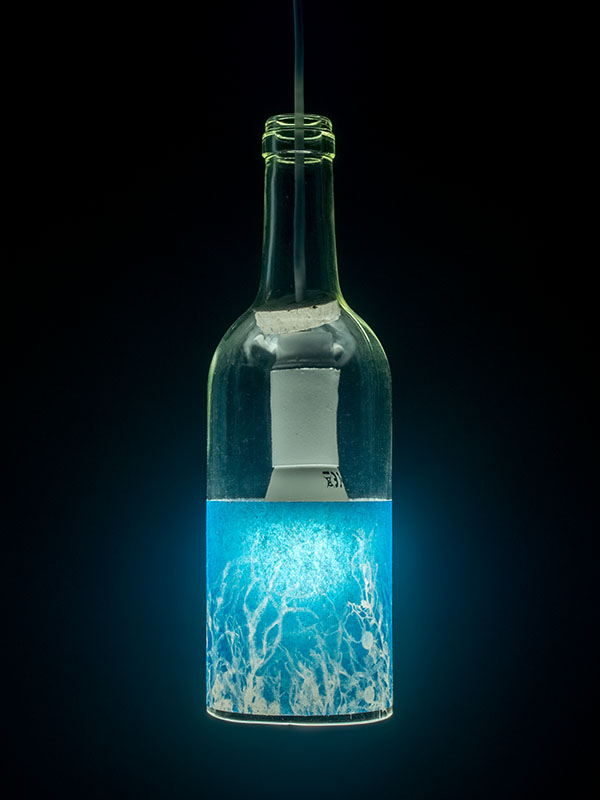 Lampara decorativa botella - impresion de algas de Lanzarote